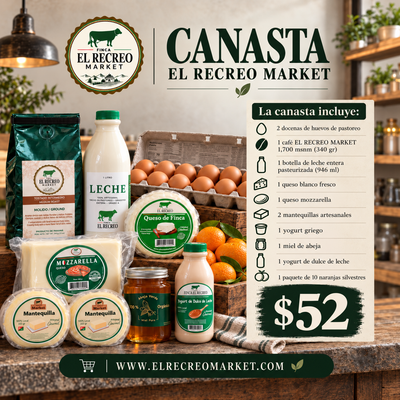 Canasta Chiricana de El Recreo Market: 2 docenas de huevos de pastoreo, café de Boquete, leche entera, queso blanco de finca, queso mozzarella, 2 mantequillas, yogurt griego, yogurt de dulce de leche, miel y 10 naranjas, por $52 con envío incluido